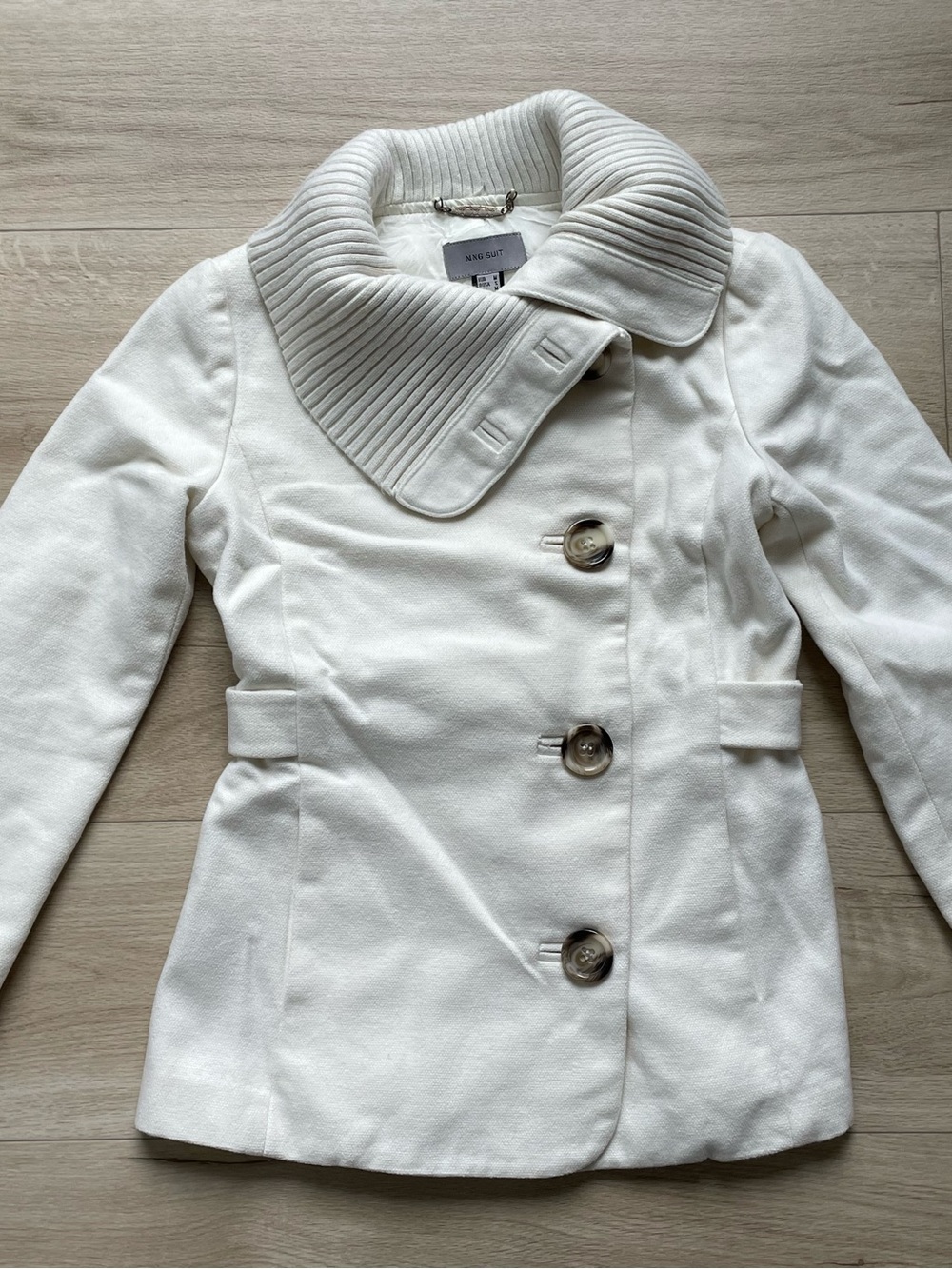 Cream Double-Breasted Pea Coat with Ribbed Shawl Collar